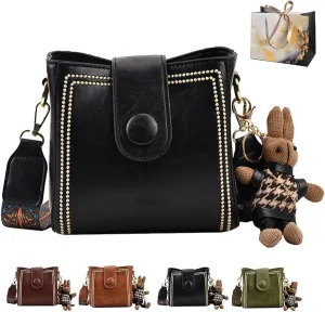 2025 New Bootara Bucket Bag, Bootara Women's Vintage Bunny Charm Bucket Bag, Stylish Minimalist Leather Purse (Black)
