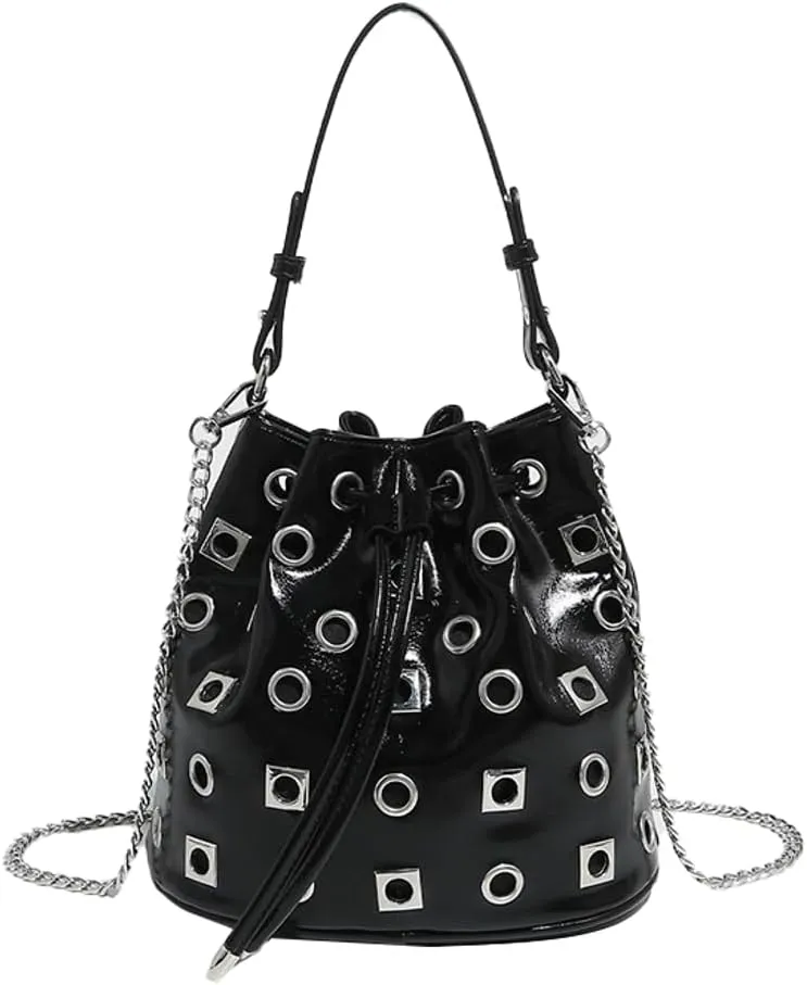 2025 Punk Rock Drawstring Bucket Bag  Studded Hollow-Out Shoulder Purse, Edgy Chain Strap Handheld Tote for Women