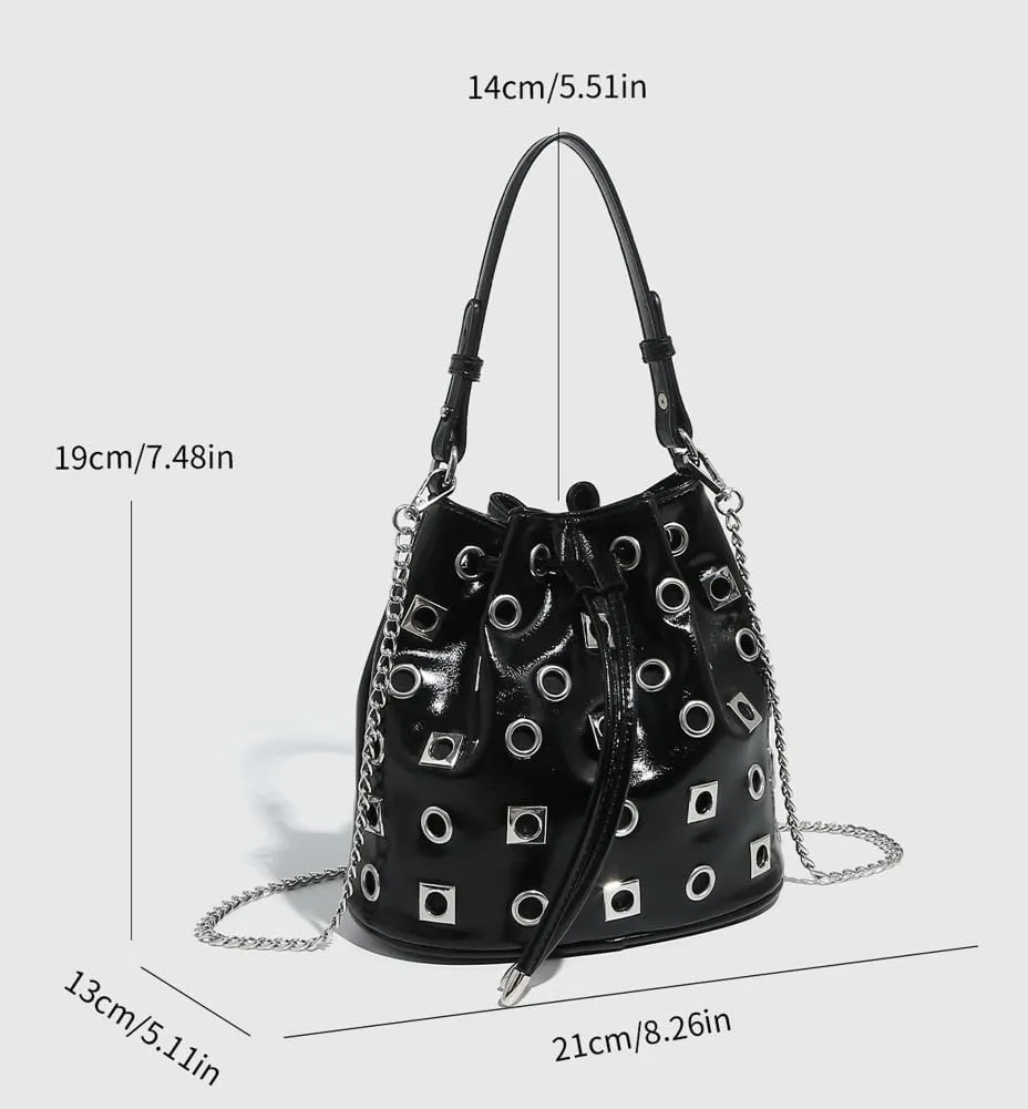 2025 Punk Rock Drawstring Bucket Bag  Studded Hollow-Out Shoulder Purse, Edgy Chain Strap Handheld Tote for Women