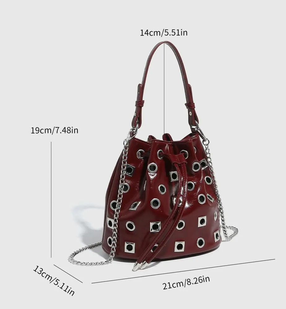 2025 Punk Rock Drawstring Bucket Bag  Studded Hollow-Out Shoulder Purse, Edgy Chain Strap Handheld Tote for Women