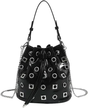 2025 Punk Rock Drawstring Bucket Bag  Studded Hollow-Out Shoulder Purse, Edgy Chain Strap Handheld Tote for Women