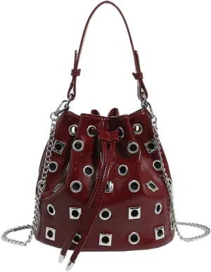 2025 Punk Rock Drawstring Bucket Bag  Studded Hollow-Out Shoulder Purse, Edgy Chain Strap Handheld Tote for Women