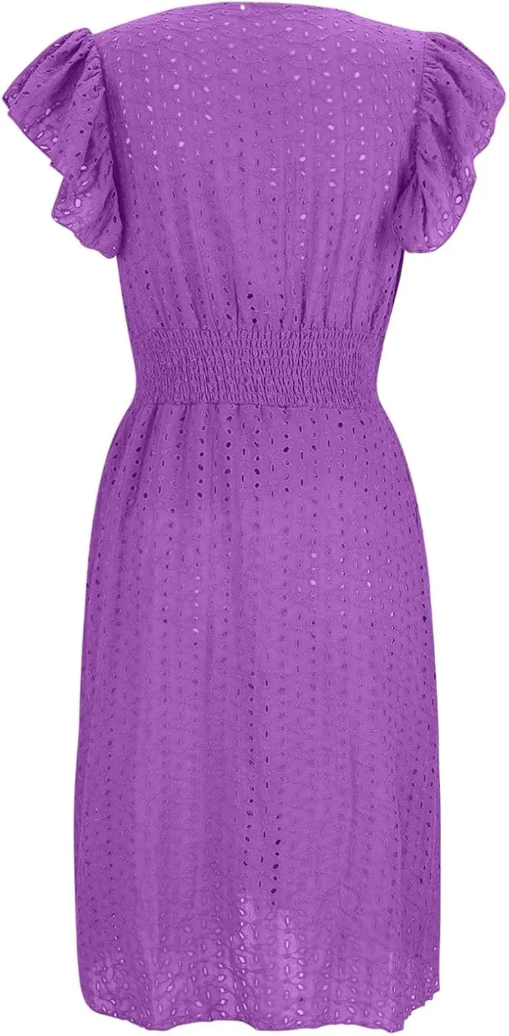 2025 Summer Dresses Women's Eyelet Lace Embroidered Smocked Waist Flutter Sleeve A Line Midi Dress Beach Sundress