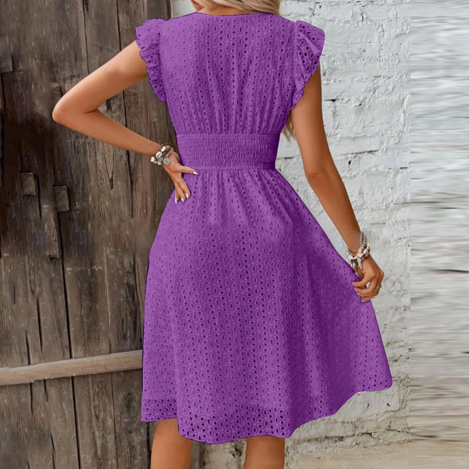 2025 Summer Dresses Women's Eyelet Lace Embroidered Smocked Waist Flutter Sleeve A Line Midi Dress Beach Sundress