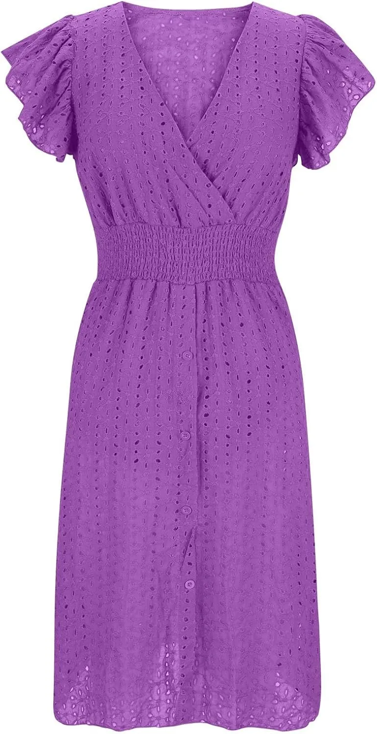 2025 Summer Dresses Women's Eyelet Lace Embroidered Smocked Waist Flutter Sleeve A Line Midi Dress Beach Sundress
