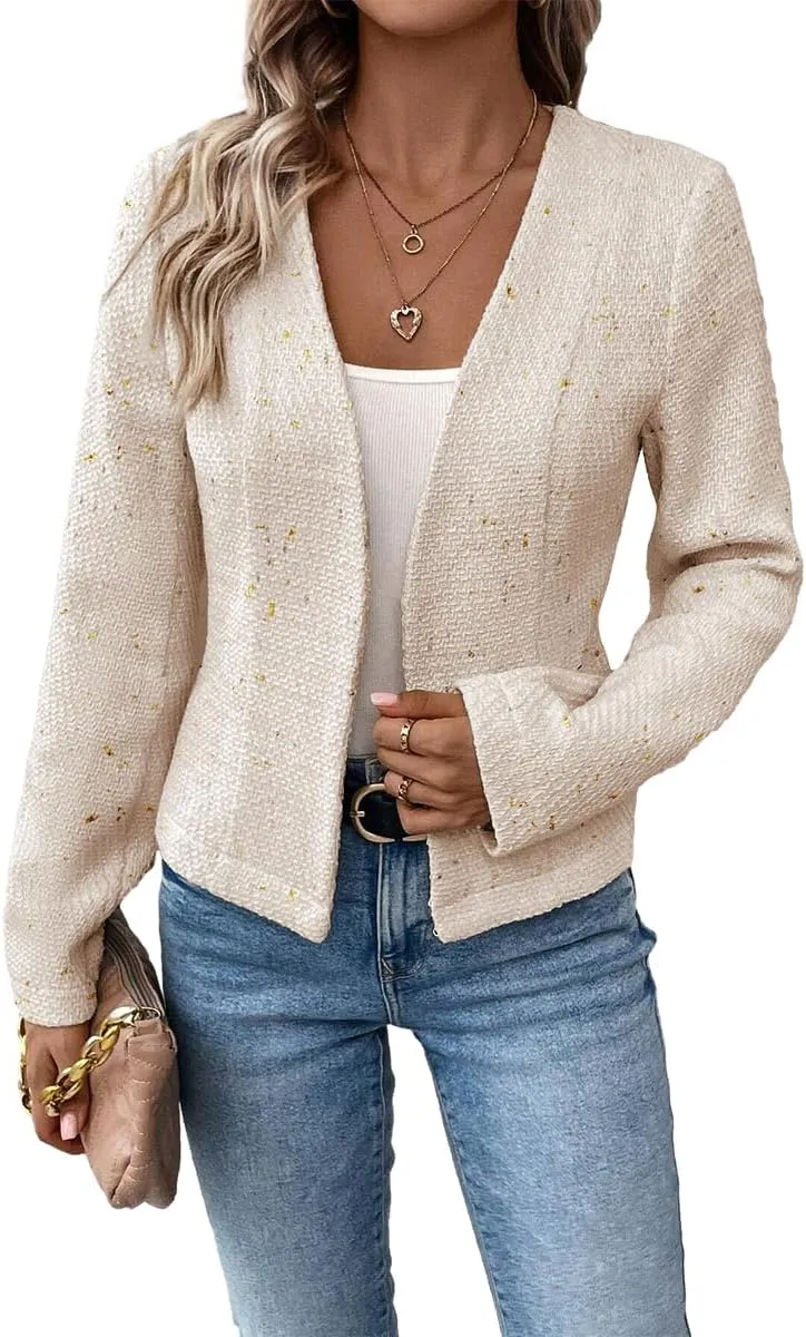 2025 Women's Spring Tweed Blazer Fully-Lined Collarless Open Front Elegant Petite Cute Fashion Casual Work Jacket