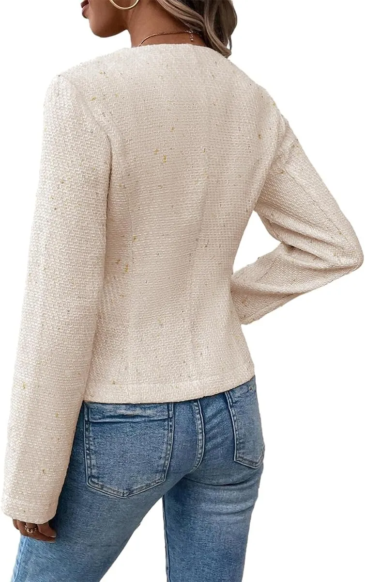2025 Women's Spring Tweed Blazer Fully-Lined Collarless Open Front Elegant Petite Cute Fashion Casual Work Jacket