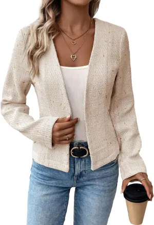 2025 Women's Spring Tweed Blazer Fully-Lined Collarless Open Front Elegant Petite Cute Fashion Casual Work Jacket