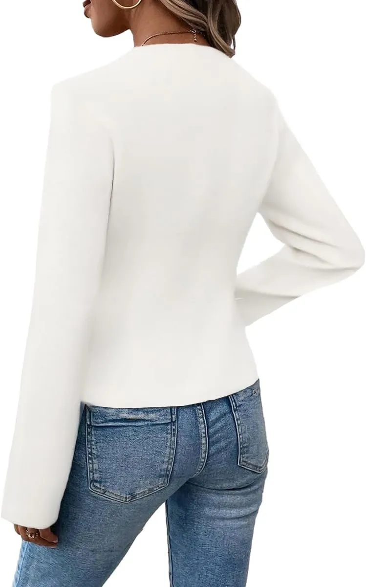 2025 Women's Spring Tweed Blazer Fully-Lined Collarless Open Front Elegant Petite Cute Fashion Casual Work Jacket