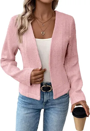 2025 Women's Spring Tweed Blazer Fully-Lined Collarless Open Front Elegant Petite Cute Fashion Casual Work Jacket