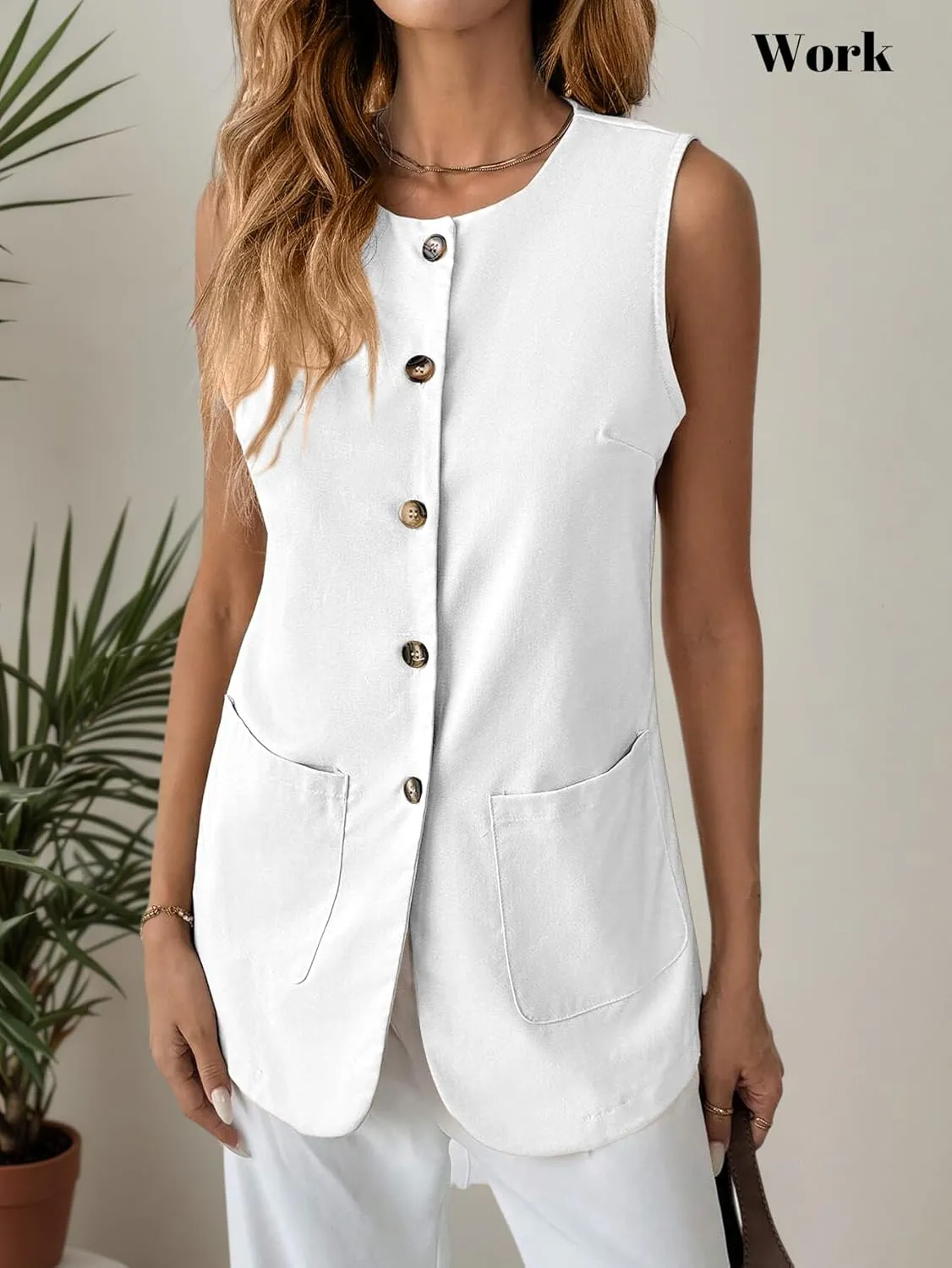 2025 Womens Summer Long Linen Vest Tops Sleeveless Lightweight Single Breasted Trendy Casual Work Jacket Pockets
