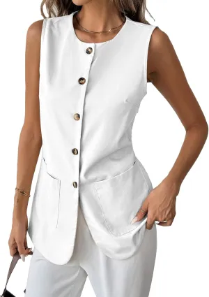 2025 Womens Summer Long Linen Vest Tops Sleeveless Lightweight Single Breasted Trendy Casual Work Jacket Pockets