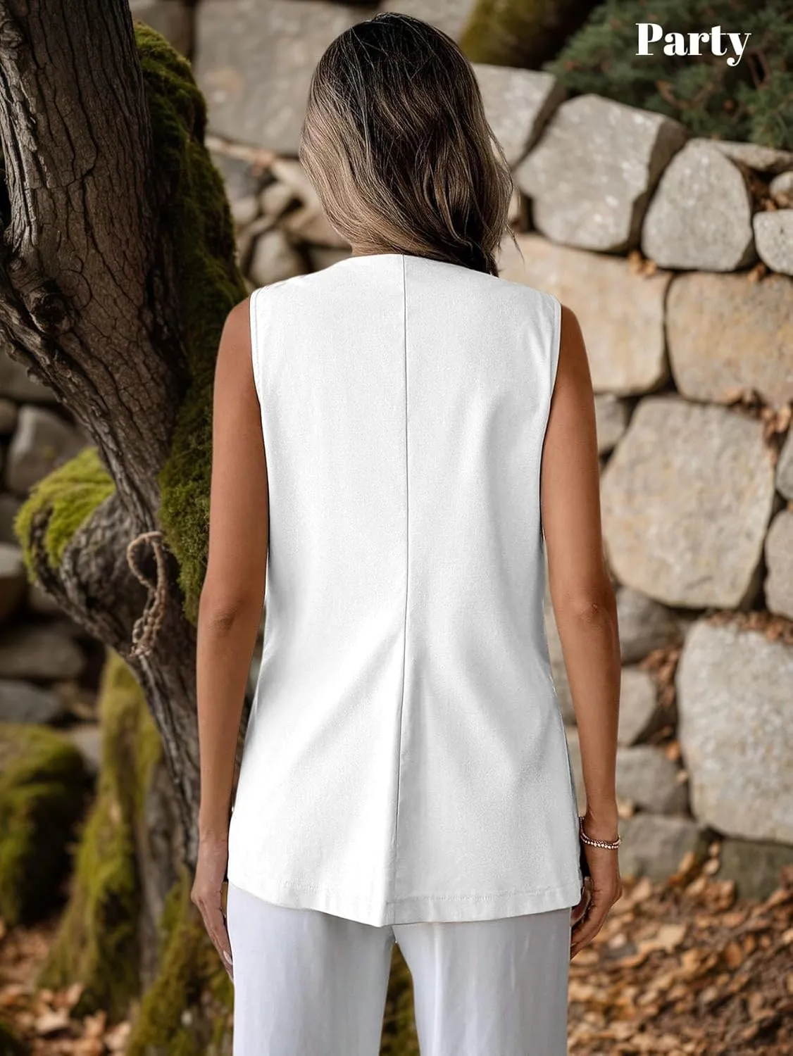 2025 Womens Summer Long Linen Vest Tops Sleeveless Lightweight Single Breasted Trendy Casual Work Jacket Pockets