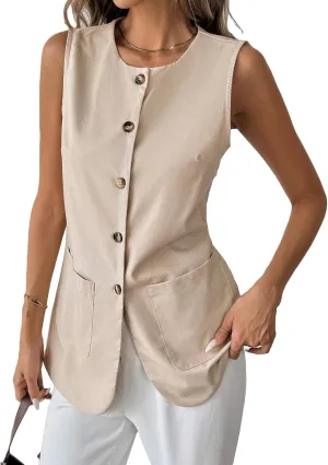 2025 Womens Summer Long Linen Vest Tops Sleeveless Lightweight Single Breasted Trendy Casual Work Jacket Pockets