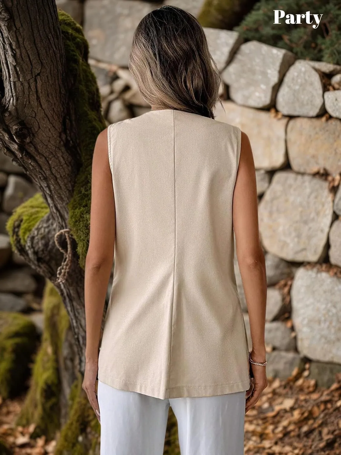 2025 Womens Summer Long Linen Vest Tops Sleeveless Lightweight Single Breasted Trendy Casual Work Jacket Pockets