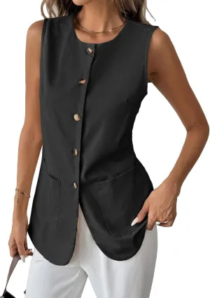 2025 Womens Summer Long Linen Vest Tops Sleeveless Lightweight Single Breasted Trendy Casual Work Jacket Pockets