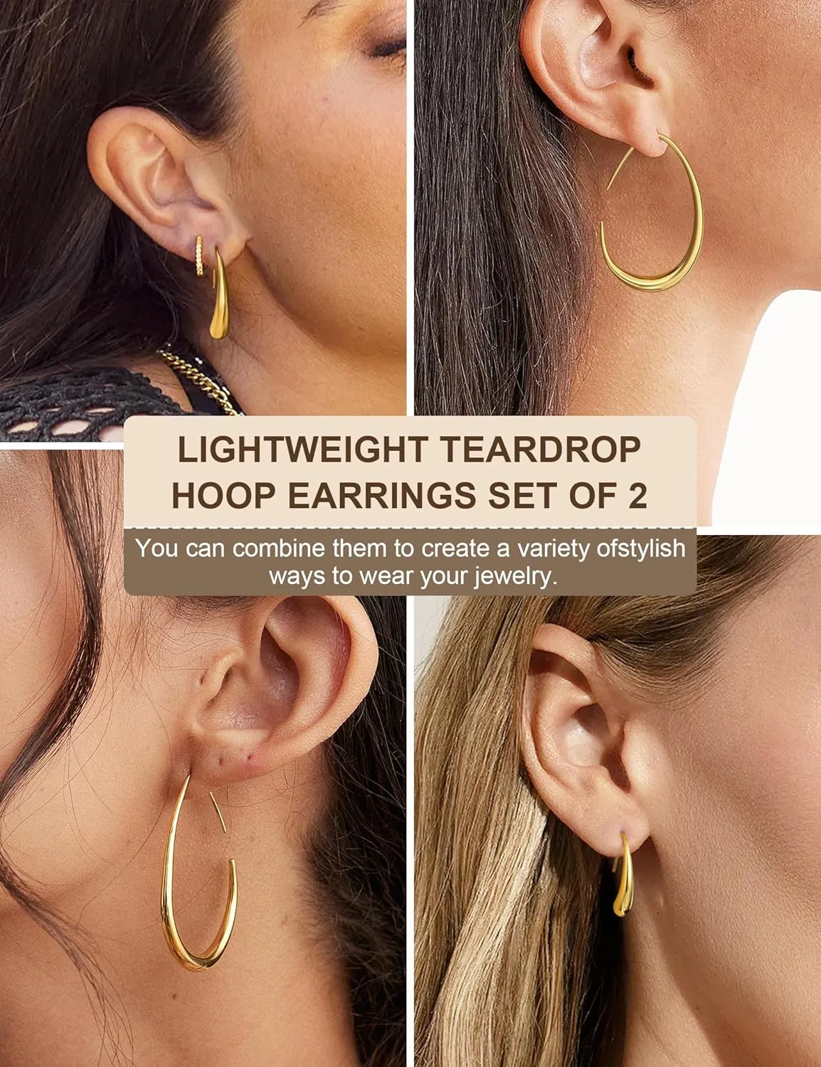 2Pairs Lightweight Teardrop Hoop Earrings for Women - 18k Gold Plated Large Small Size Oval Pull Through Hoop Earrings Teen Gift High Polished Statement Jewelry for Women