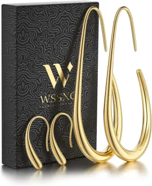 2Pairs Lightweight Teardrop Hoop Earrings for Women - 18k Gold Plated Large Small Size Oval Pull Through Hoop Earrings Teen Gift High Polished Statement Jewelry for Women