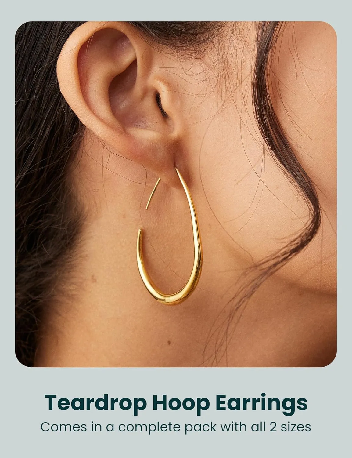 2Pairs Lightweight Teardrop Hoop Earrings for Women - 18k Gold Plated Large Small Size Oval Pull Through Hoop Earrings Teen Gift High Polished Statement Jewelry for Women