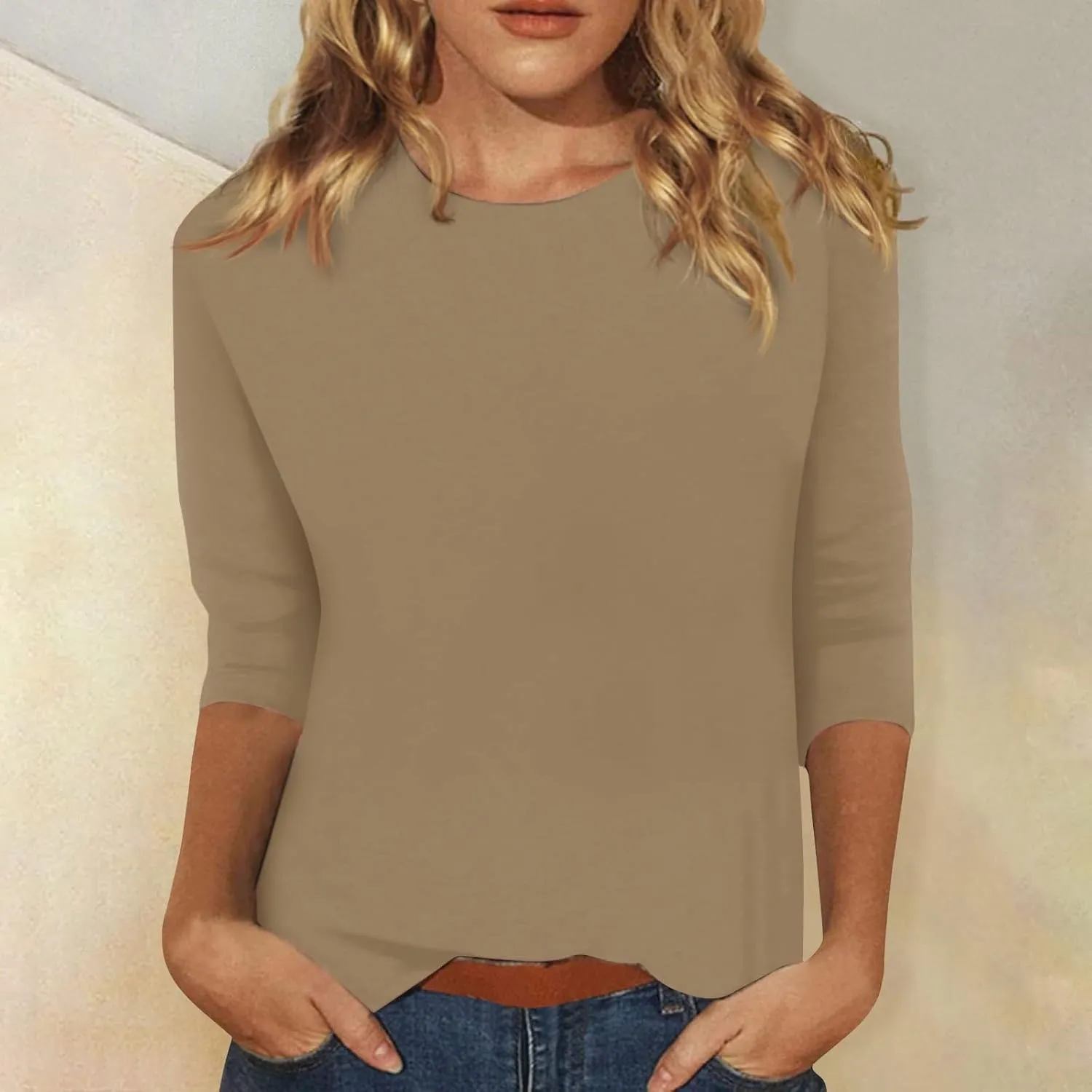 3/4 Length Sleeve Womens Tops Casual Loose Fit Crewneck T Shirts Cute Solid Three Quarter Length Tunic Tops