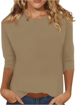 3/4 Length Sleeve Womens Tops Casual Loose Fit Crewneck T Shirts Cute Solid Three Quarter Length Tunic Tops