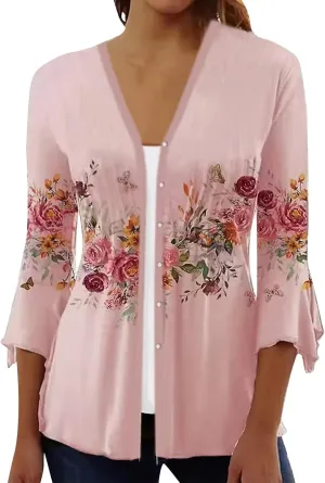 3/4 Sleeve Cardigans for Women Lightweight Extra Soft Open Front Casual Vintage Floral Print Various Style Cardigan