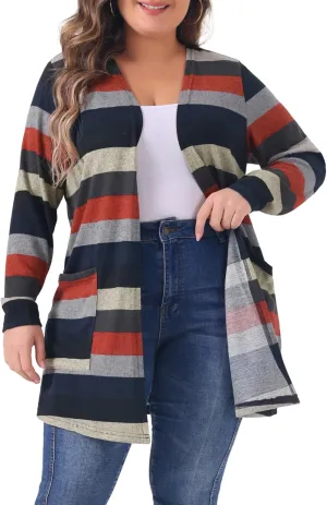 Agnes Orinda Plus Size Cardigan for Women Open Front Long Sleeve Contrast Color Stripe with Pocket Cardigans