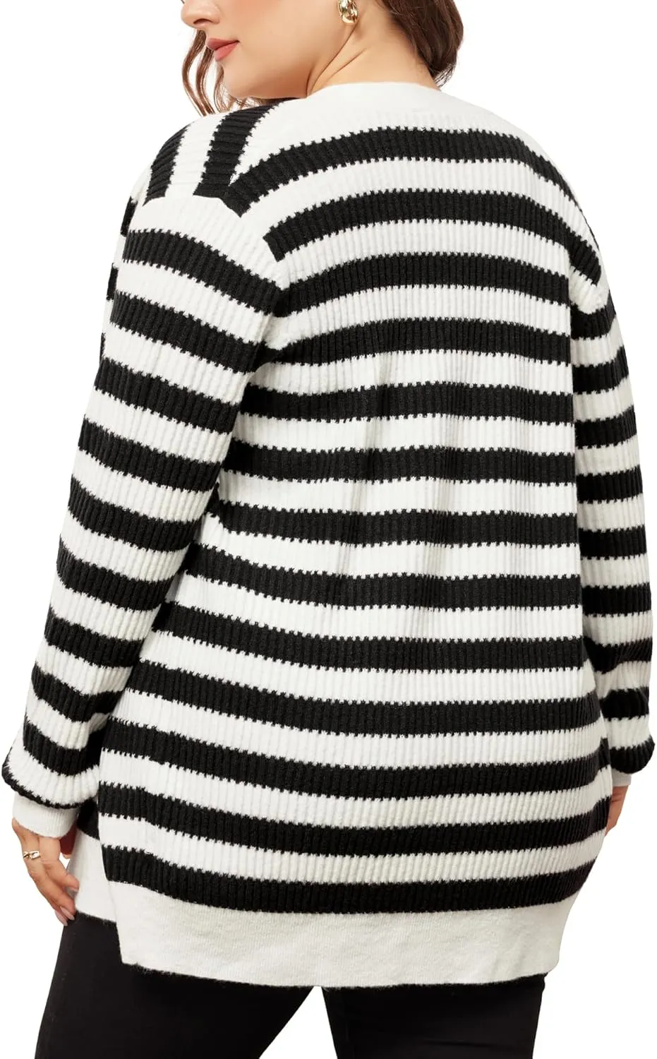 Agnes Orinda Plus Size Cardigan Sweater for Women Button Down Open Front Long Sleeve Striped Knit Cardigans Coat Winter