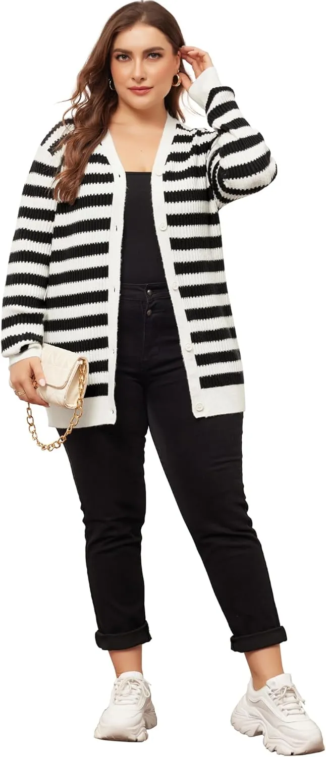Agnes Orinda Plus Size Cardigan Sweater for Women Button Down Open Front Long Sleeve Striped Knit Cardigans Coat Winter