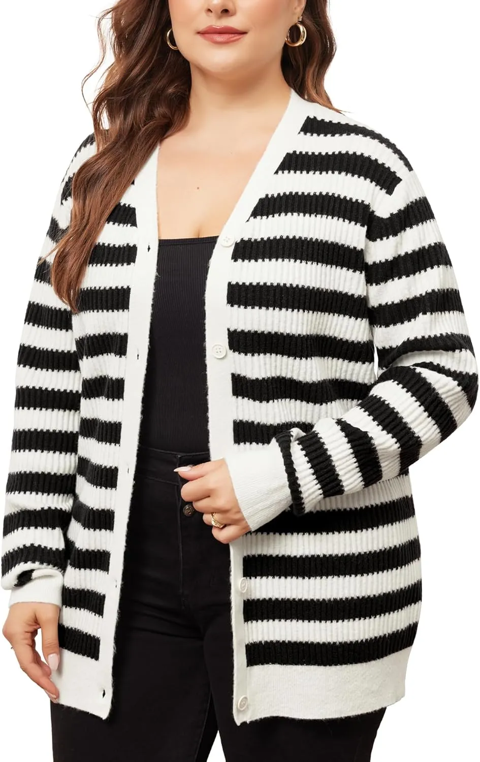 Agnes Orinda Plus Size Cardigan Sweater for Women Button Down Open Front Long Sleeve Striped Knit Cardigans Coat Winter