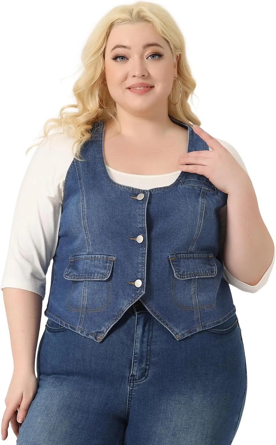 Agnes Orinda Plus Size Denim Jackets for Women Sleeveless Lightweight Button Jean Crop Waistcoat Vests