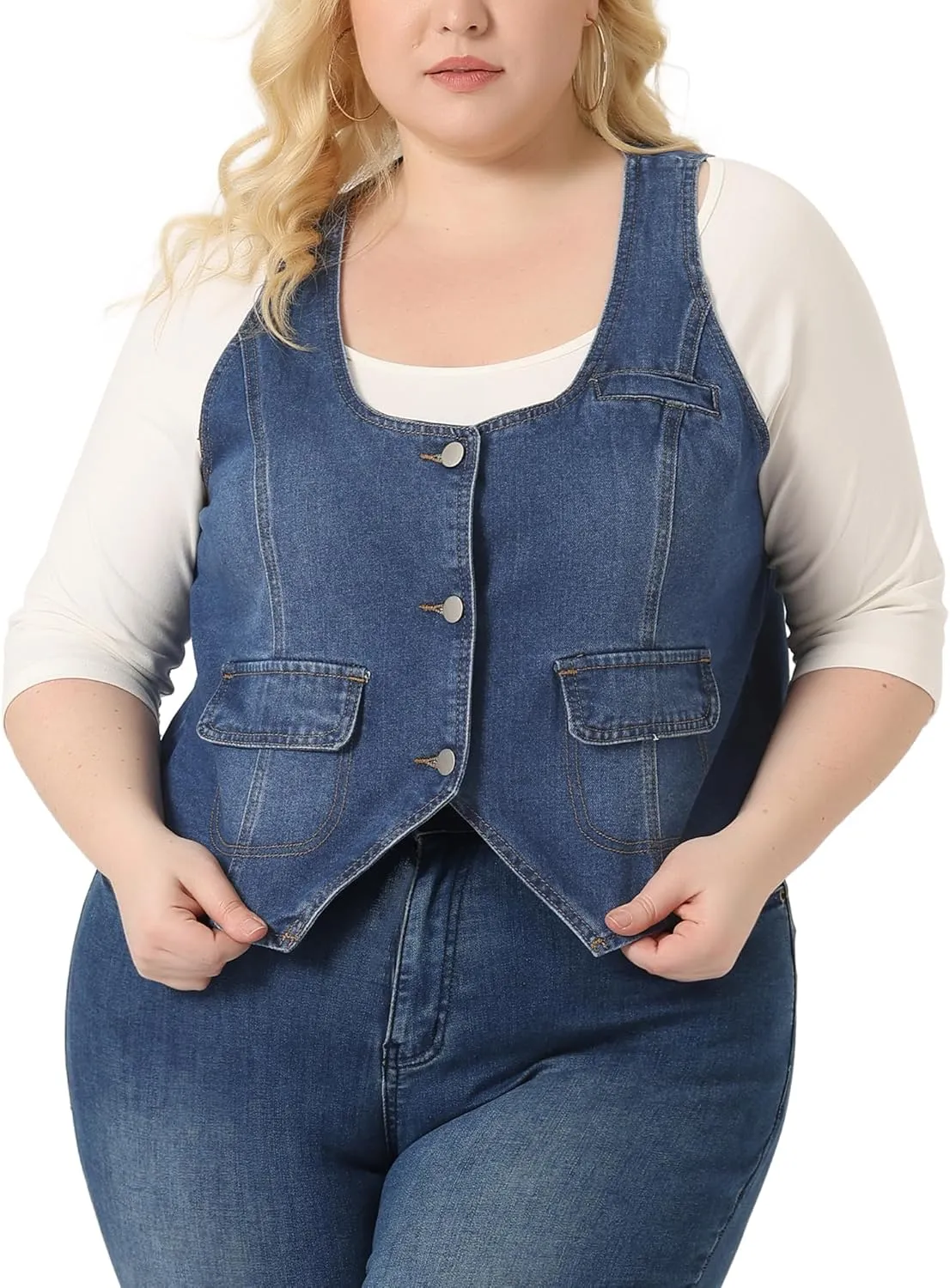 Agnes Orinda Plus Size Denim Jackets for Women Sleeveless Lightweight Button Jean Crop Waistcoat Vests