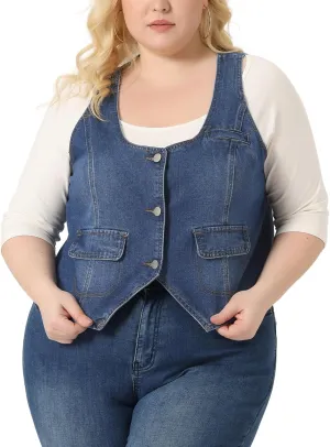 Agnes Orinda Plus Size Denim Jackets for Women Sleeveless Lightweight Button Jean Crop Waistcoat Vests