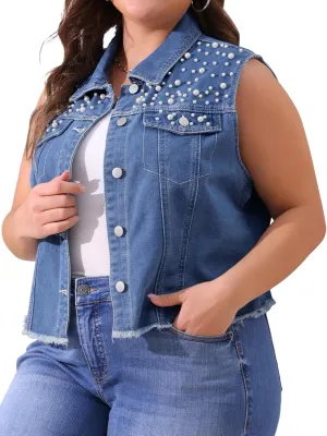 Agnes Orinda Plus Size Denim Vest for Women Sleeveless Embroidered Pearl Frayed Jean Vests Jacket