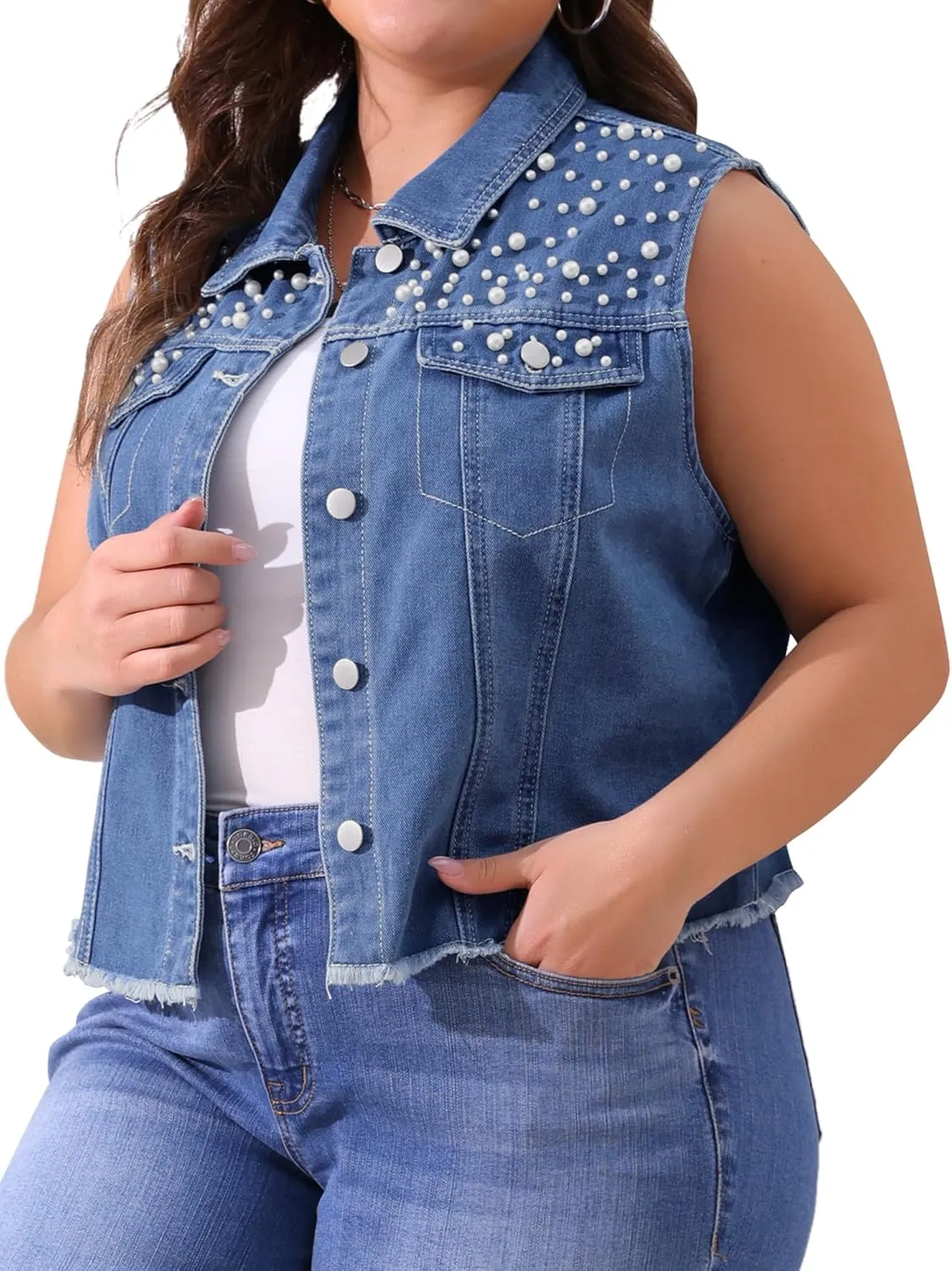 Agnes Orinda Plus Size Denim Vest for Women Sleeveless Embroidered Pearl Frayed Jean Vests Jacket