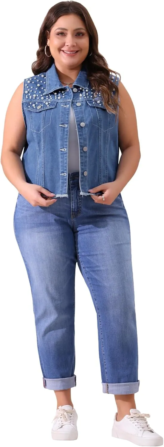 Agnes Orinda Plus Size Denim Vest for Women Sleeveless Embroidered Pearl Frayed Jean Vests Jacket