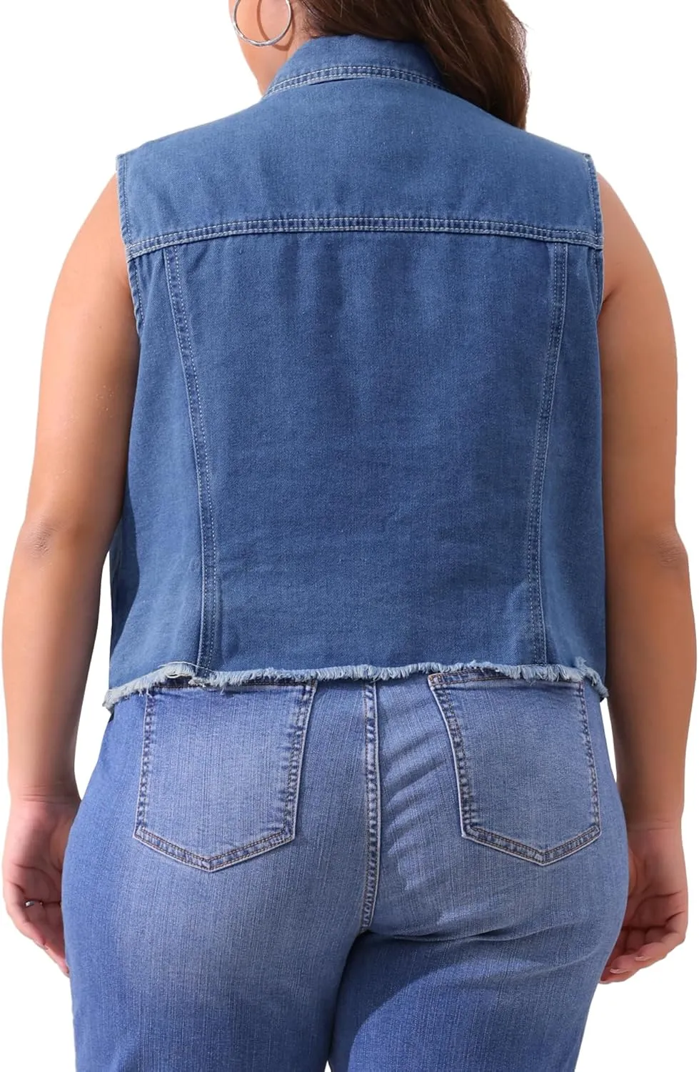 Agnes Orinda Plus Size Denim Vest for Women Sleeveless Embroidered Pearl Frayed Jean Vests Jacket