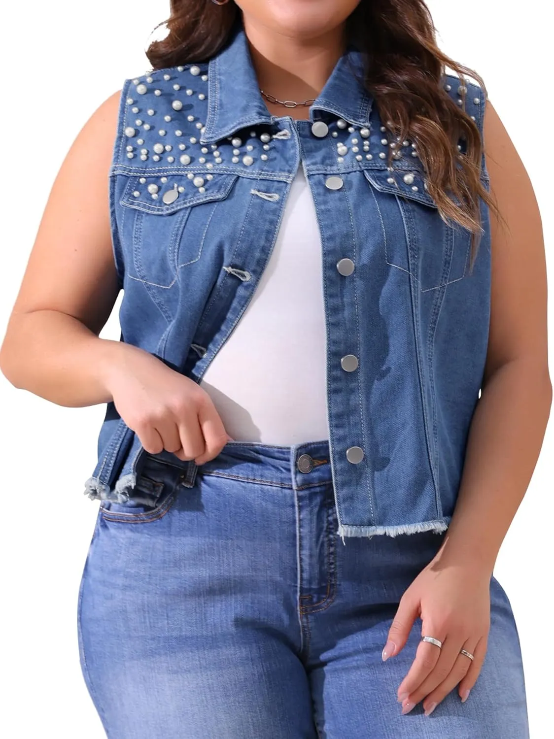 Agnes Orinda Plus Size Denim Vest for Women Sleeveless Embroidered Pearl Frayed Jean Vests Jacket