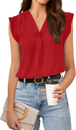 AIMCOO Women Blouses Dressy Casual V Neck Ruffle Cap Sleeve Shirts 2025 Summer Elegant Loose Solid Color Tops