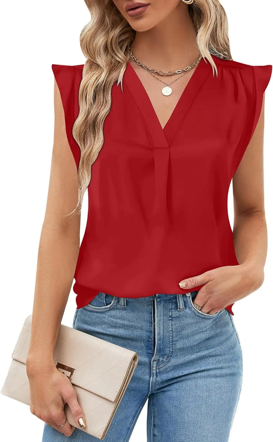 AIMCOO Women Blouses Dressy Casual V Neck Ruffle Cap Sleeve Shirts 2025 Summer Elegant Loose Solid Color Tops
