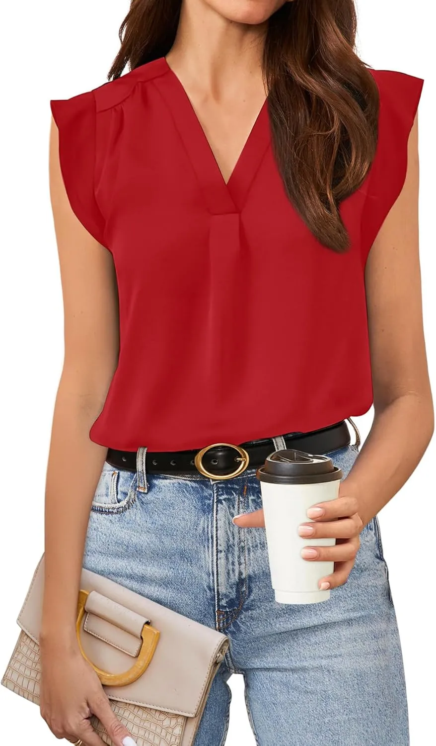 AIMCOO Women Blouses Dressy Casual V Neck Ruffle Cap Sleeve Shirts 2025 Summer Elegant Loose Solid Color Tops