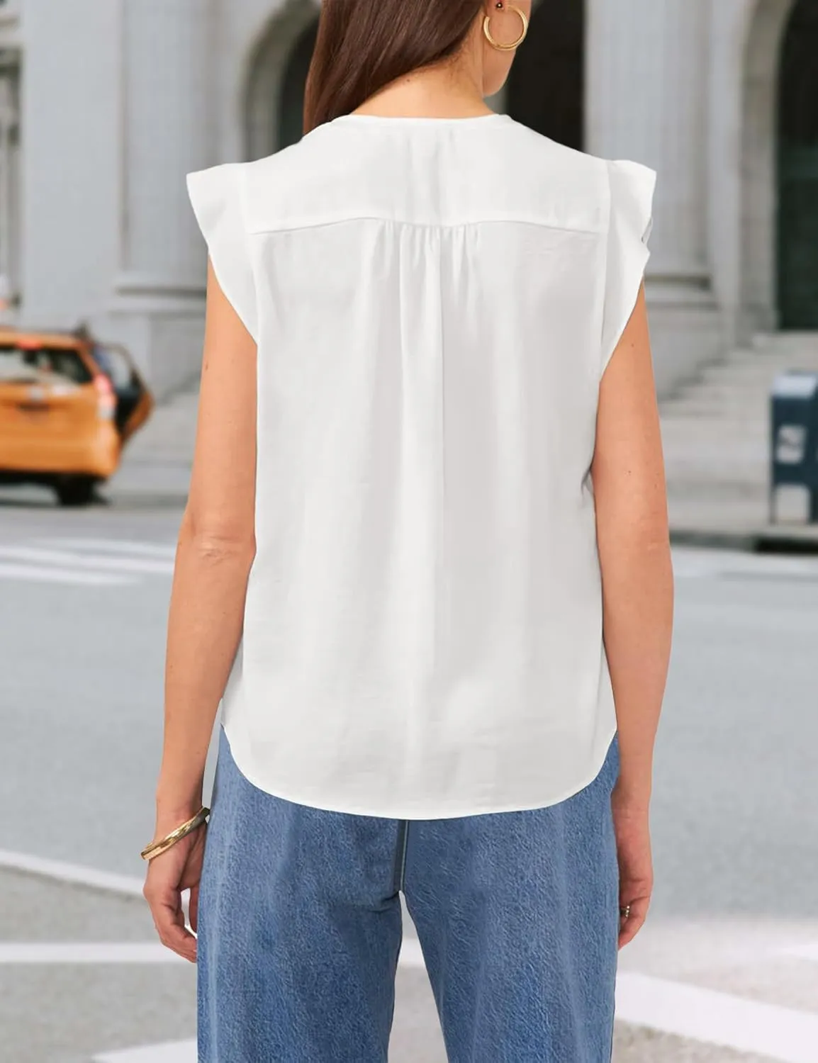 AIMCOO Women Blouses Dressy Casual V Neck Ruffle Cap Sleeve Shirts 2025 Summer Elegant Loose Solid Color Tops