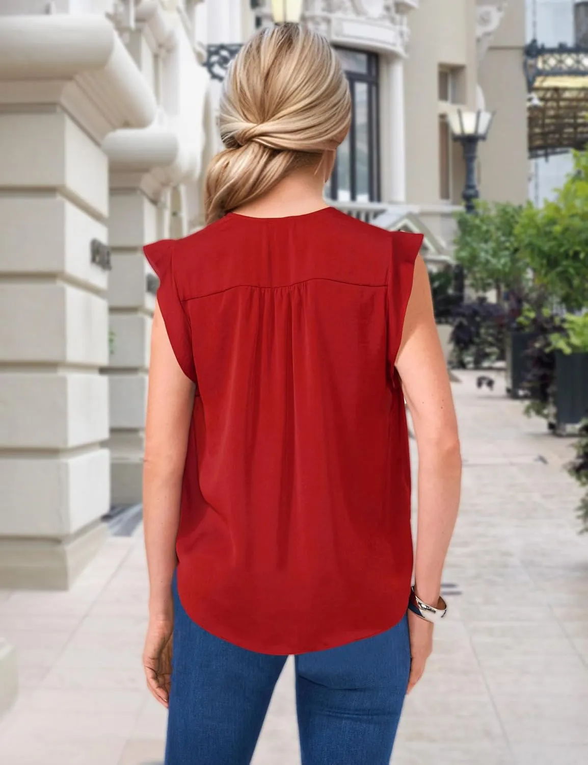 AIMCOO Women Blouses Dressy Casual V Neck Ruffle Cap Sleeve Shirts 2025 Summer Elegant Loose Solid Color Tops