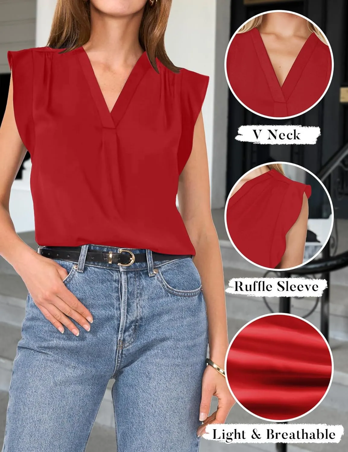 AIMCOO Women Blouses Dressy Casual V Neck Ruffle Cap Sleeve Shirts 2025 Summer Elegant Loose Solid Color Tops