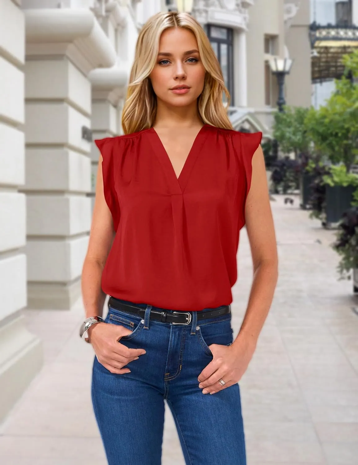 AIMCOO Women Blouses Dressy Casual V Neck Ruffle Cap Sleeve Shirts 2025 Summer Elegant Loose Solid Color Tops