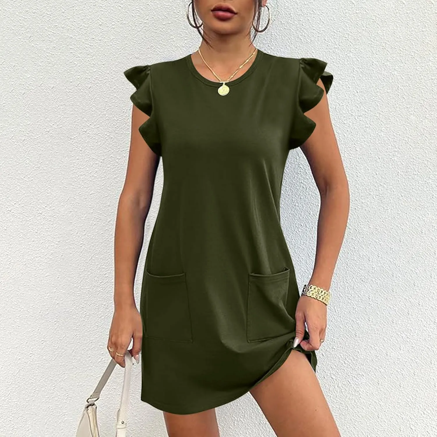 Akklian Women's Summer Dresses 2024 Beach Casual Ruffle Sleeveless Crewneck Tank Loose Mini Dress Sundress with Pocket S-XL