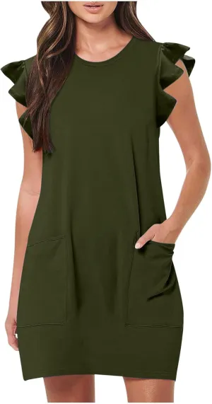 Akklian Women's Summer Dresses 2024 Beach Casual Ruffle Sleeveless Crewneck Tank Loose Mini Dress Sundress with Pocket S-XL