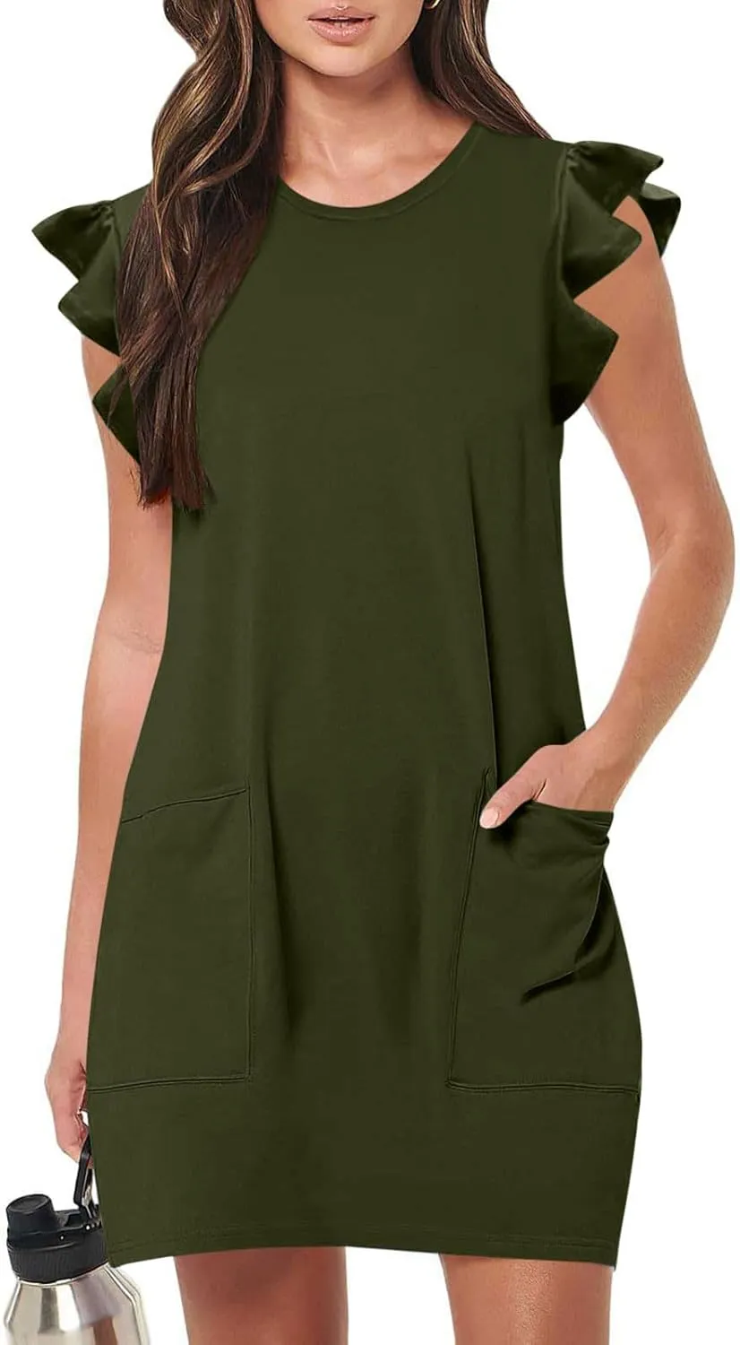 Akklian Women's Summer Dresses 2024 Beach Casual Ruffle Sleeveless Crewneck Tank Loose Mini Dress Sundress with Pocket S-XL