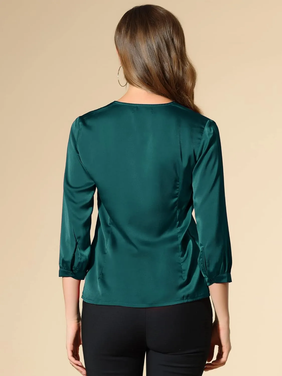 Allegra K Women's Casual Dressy Office Blouses 3/4 Sleeve V Neck Satin Shirt