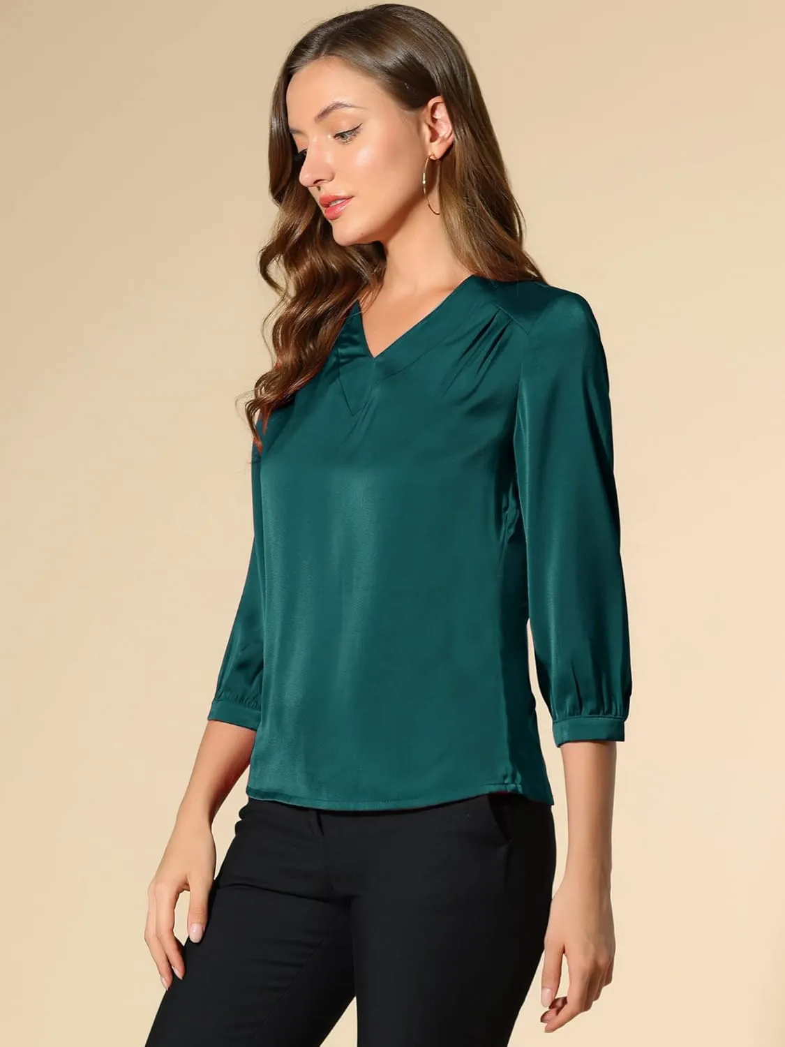Allegra K Women's Casual Dressy Office Blouses 3/4 Sleeve V Neck Satin Shirt